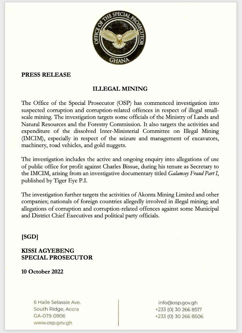 Official OSP Communique on galamsey investigation